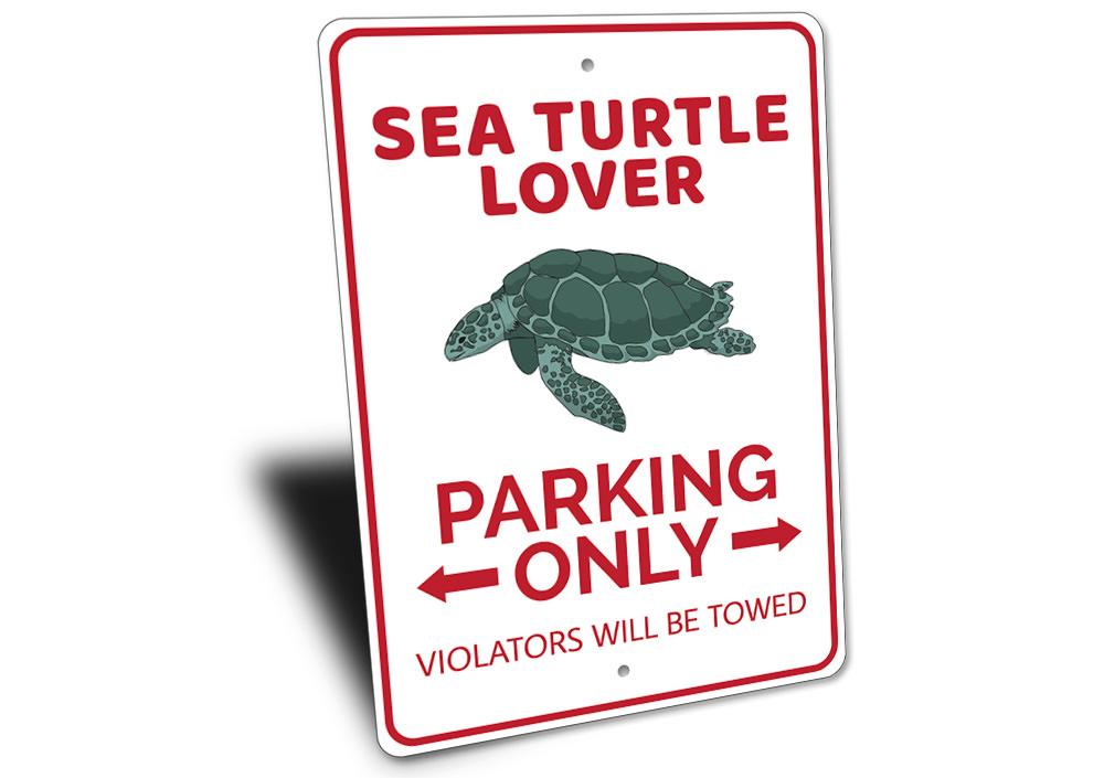 A decorative Sea Turtle Lover Parking Sign made of high-quality aluminum, featuring a vibrant sea turtle design, perfect for beach-themed decor.