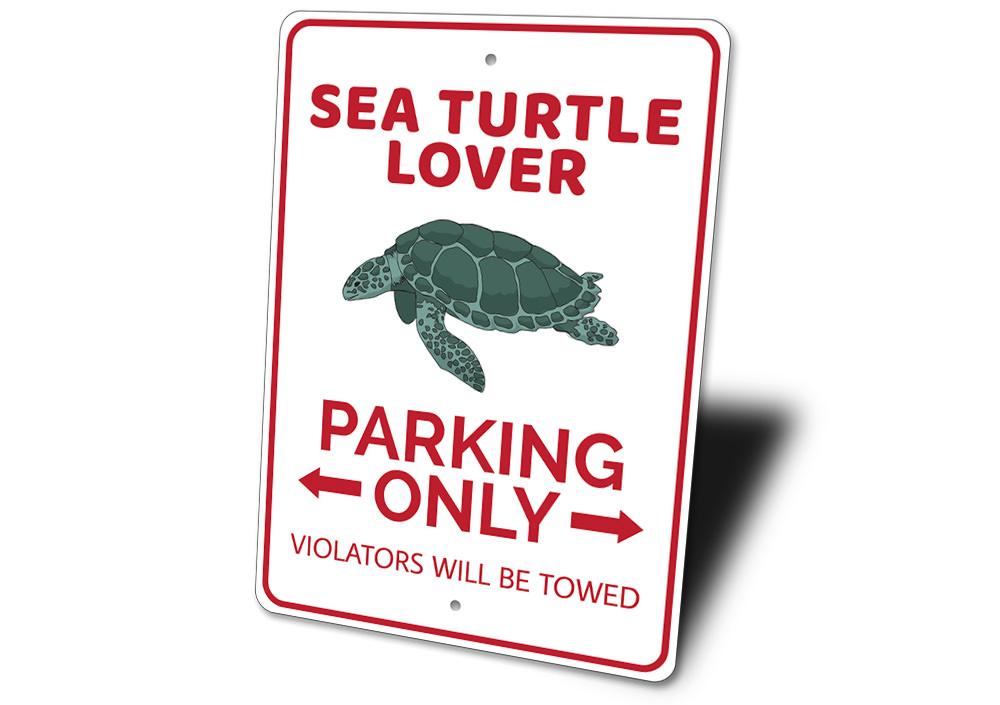 A decorative Sea Turtle Lover Parking Sign made of high-quality aluminum, featuring a vibrant sea turtle design, perfect for beach-themed decor.