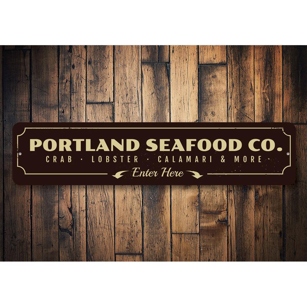 A customizable Seafood Company Sign made of high-quality aluminum, featuring a beach-themed design perfect for coastal decor.