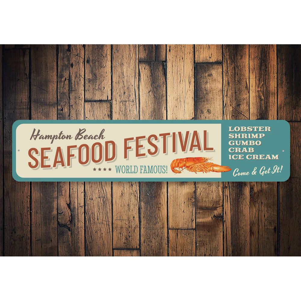 A vibrant Seafood Festival Sign made of durable aluminum, featuring coastal-themed graphics, perfect for beach houses and seafood restaurants.