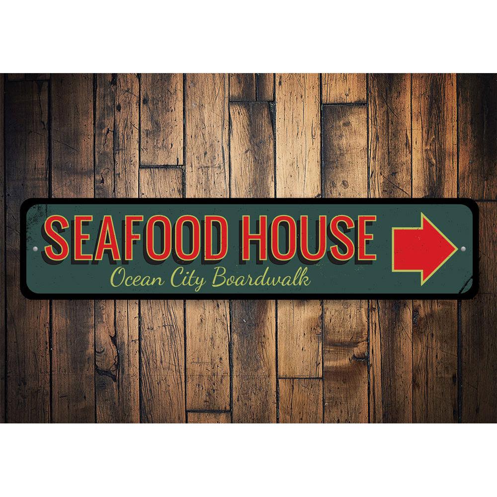 Seafood House Arrow Sign made of aluminum, featuring a decorative design perfect for seafood lovers, ideal for indoor or outdoor display.