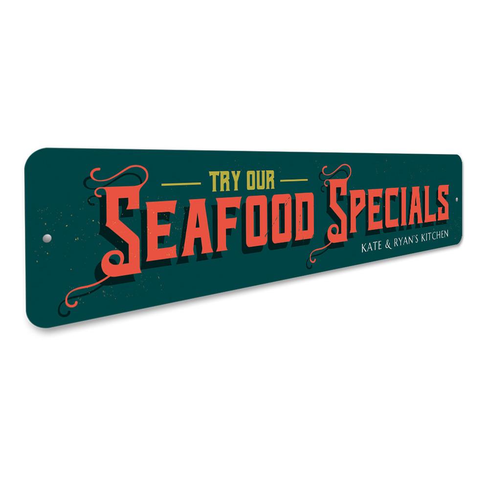 A vibrant Seafood Specials Sign made of high-quality aluminum, featuring beach-themed graphics, perfect for coastal decor.