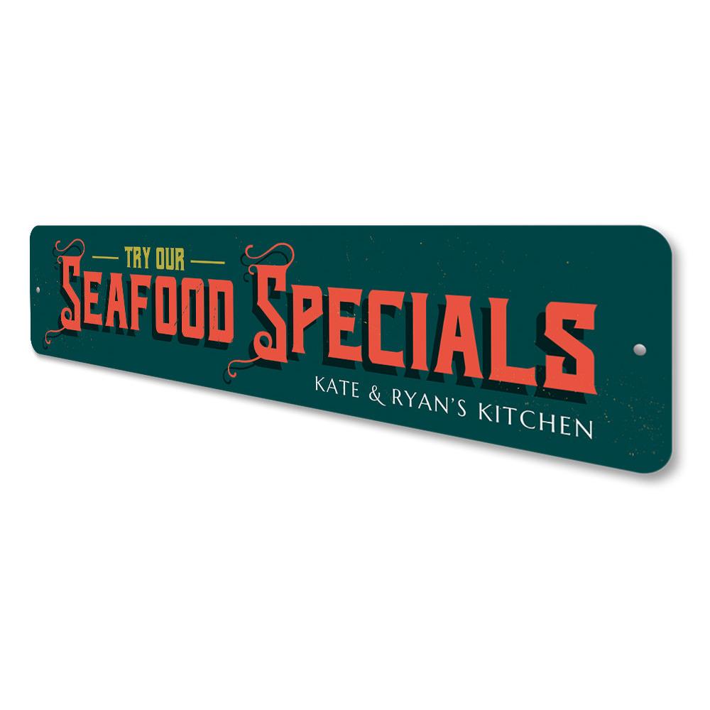 A vibrant Seafood Specials Sign made of high-quality aluminum, featuring beach-themed graphics, perfect for coastal decor.