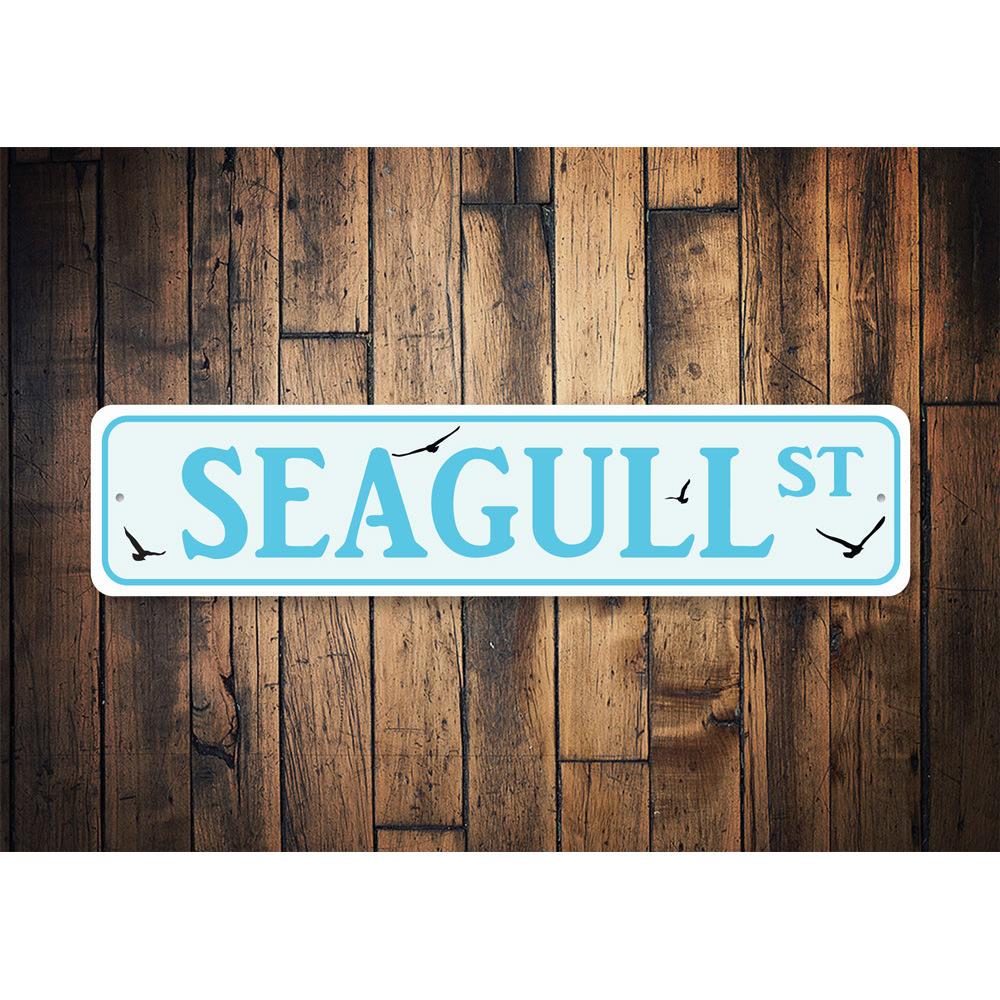 Seagull Street Sign made of quality aluminum, featuring vibrant colors and a unique design, perfect for home decor.
