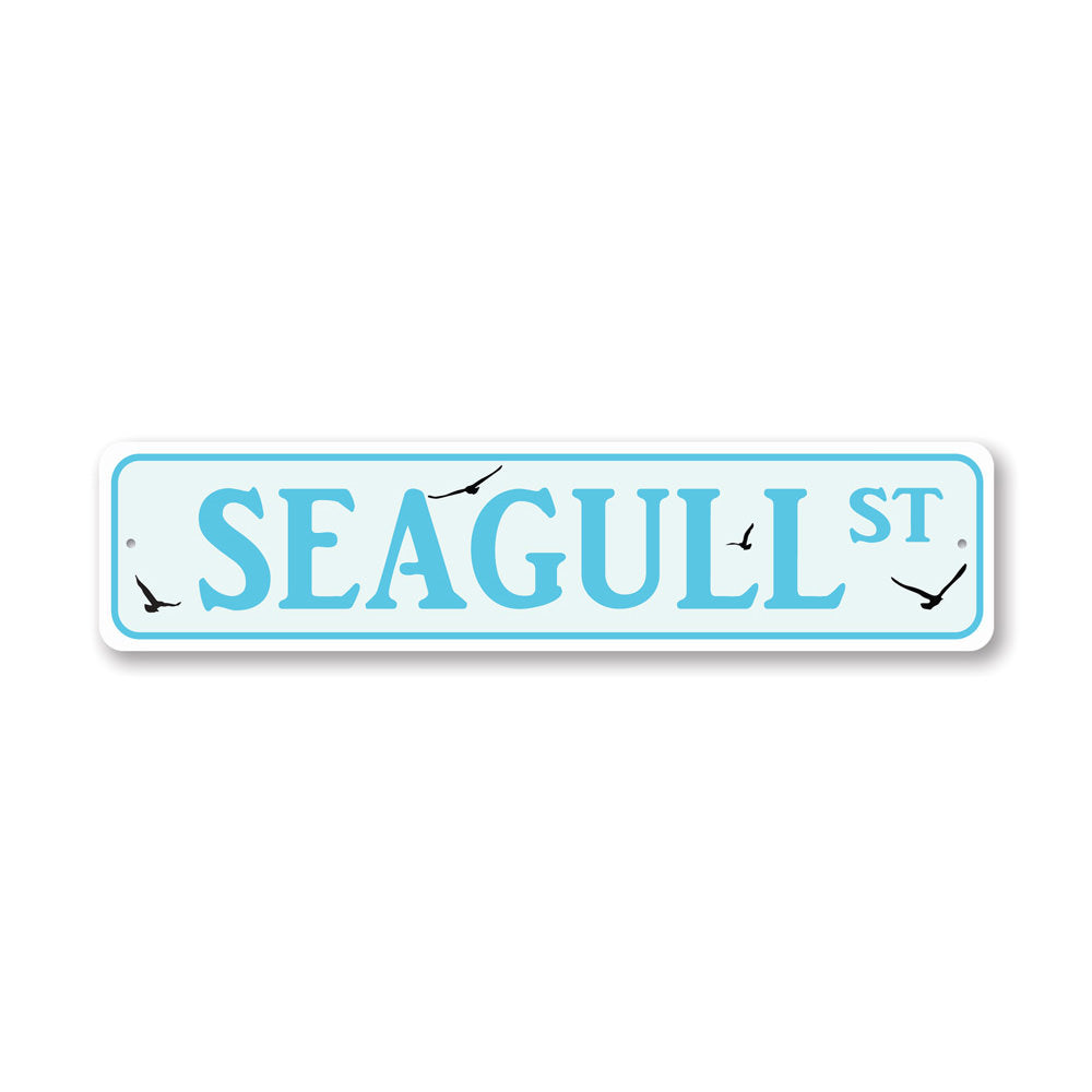 Seagull Street Sign made of quality aluminum, featuring vibrant colors and a unique design, perfect for home decor.