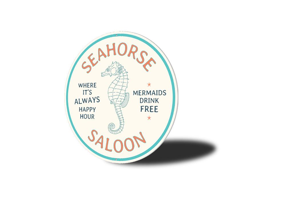 A vibrant Seahorse Saloon Sign made of aluminum, featuring a colorful seahorse design, perfect for beach-themed decor.