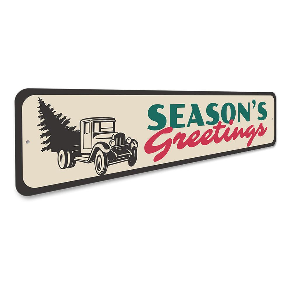 Season's Greetings Tree Sign featuring festive design, perfect for holiday decor and personalized gifts.