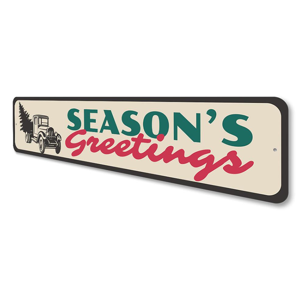 Season's Greetings Tree Sign featuring festive design, perfect for holiday decor and personalized gifts.