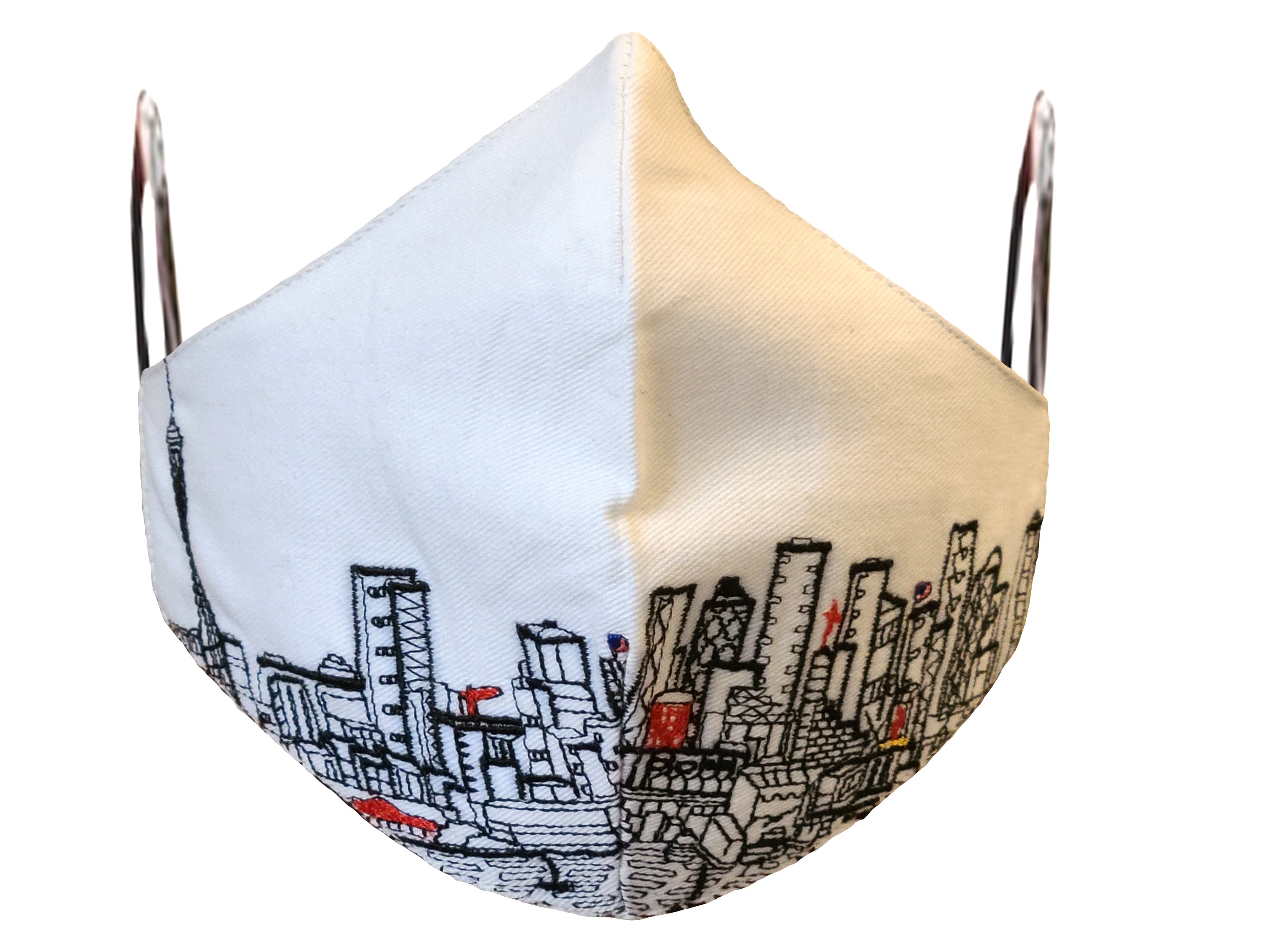 SEATTLE EMBROIDERED SKYLINE FACE MASK featuring a beautiful embroidered skyline design on a linen/cotton fabric with soft cotton lining.