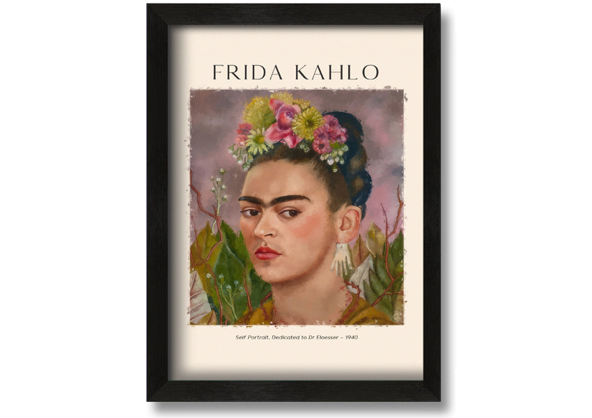 Frida Kahlo's Self Portrait, Dedicated To Dr Eloesser, printed on canvas, mounted on a box frame, showcasing vibrant colors and intricate details.