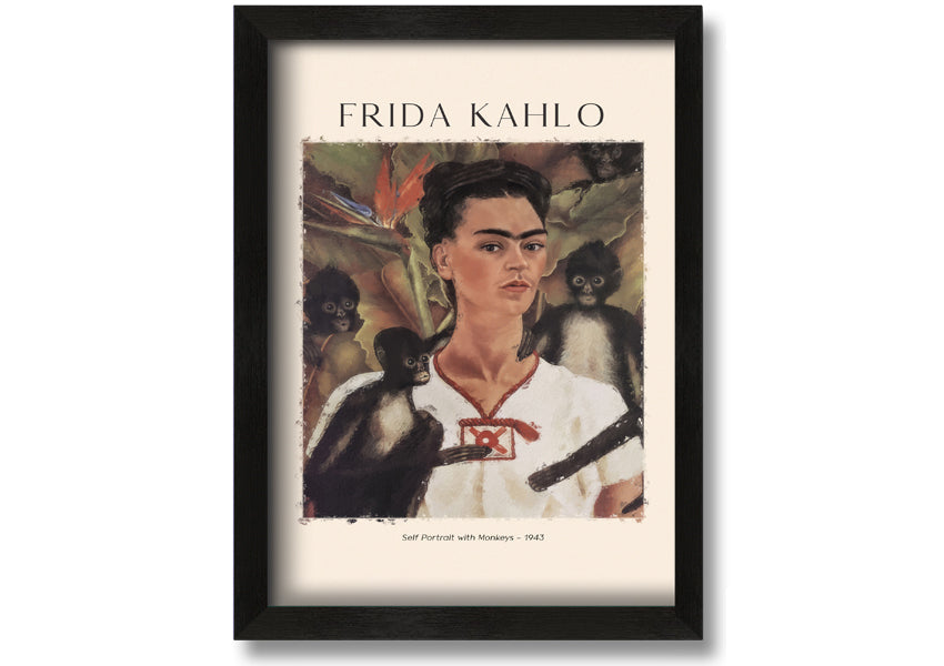 Frida Kahlo's Self Portrait With Monkeys, vibrant canvas print mounted on a box frame.