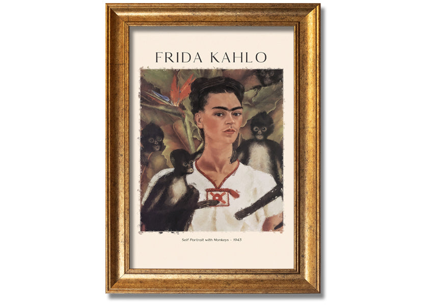 Frida Kahlo's Self Portrait With Monkeys, vibrant canvas print mounted on a box frame.
