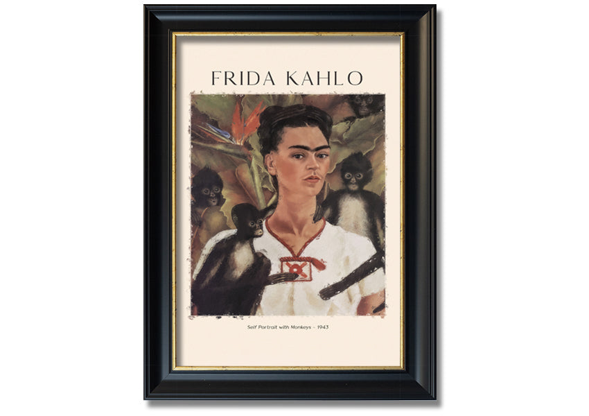 Frida Kahlo's Self Portrait With Monkeys, vibrant canvas print mounted on a box frame.