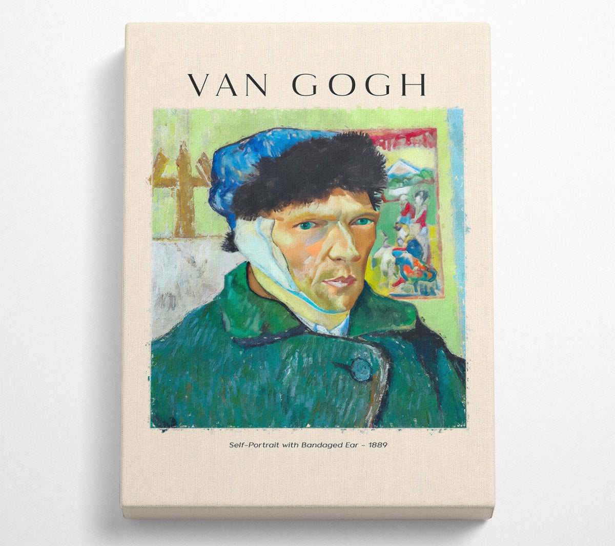 A detailed reproduction of Van Gogh's Self-Portrait With Bandaged Ear, showcasing vibrant colors and expressive brushwork on canvas.