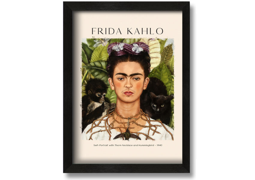 Frida Kahlo's Self-Portrait with Thorn Necklace and Hummingbird, vibrant canvas art mounted on a box frame.