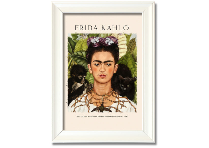 Frida Kahlo's Self-Portrait with Thorn Necklace and Hummingbird, vibrant canvas art mounted on a box frame.