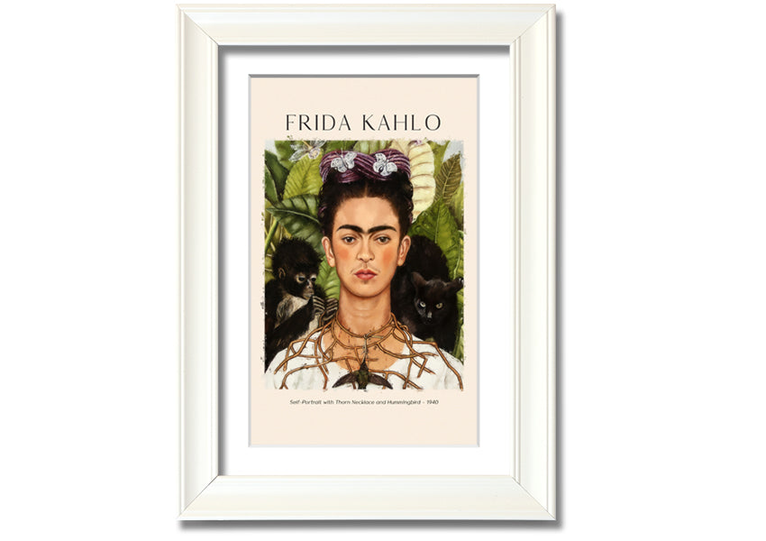 Frida Kahlo's Self-Portrait with Thorn Necklace and Hummingbird, vibrant canvas art mounted on a box frame.