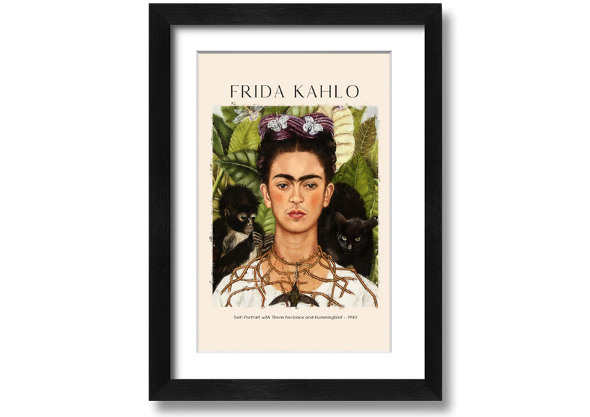 Frida Kahlo's Self-Portrait with Thorn Necklace and Hummingbird, vibrant canvas art mounted on a box frame.