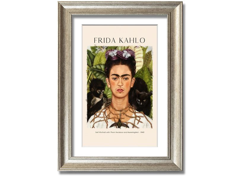 Frida Kahlo's Self-Portrait with Thorn Necklace and Hummingbird, vibrant canvas art mounted on a box frame.