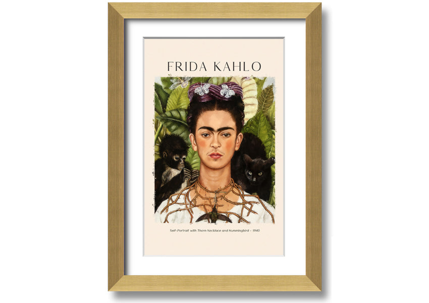 Frida Kahlo's Self-Portrait with Thorn Necklace and Hummingbird, vibrant canvas art mounted on a box frame.