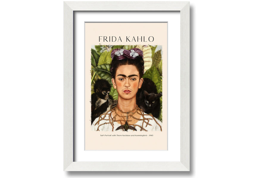 Frida Kahlo's Self-Portrait with Thorn Necklace and Hummingbird, vibrant canvas art mounted on a box frame.