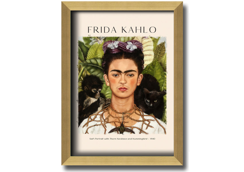 Frida Kahlo's Self-Portrait with Thorn Necklace and Hummingbird, vibrant canvas art mounted on a box frame.