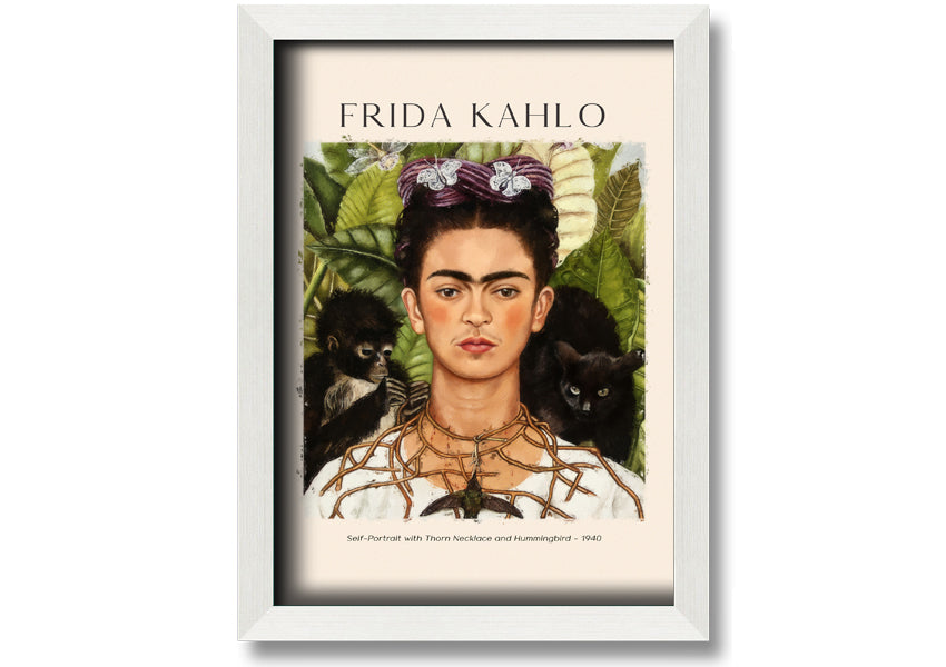 Frida Kahlo's Self-Portrait with Thorn Necklace and Hummingbird, vibrant canvas art mounted on a box frame.
