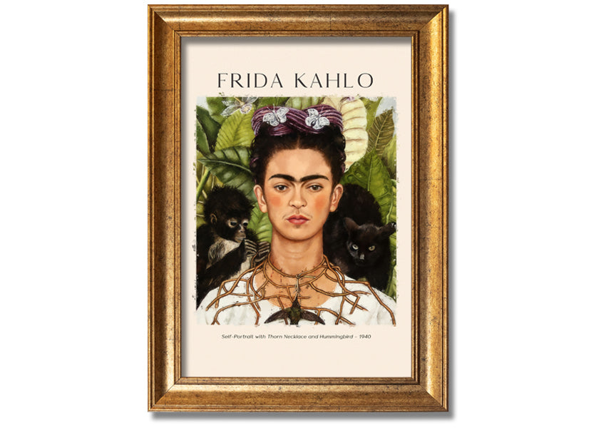 Frida Kahlo's Self-Portrait with Thorn Necklace and Hummingbird, vibrant canvas art mounted on a box frame.