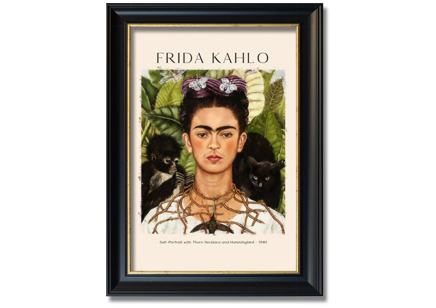 Frida Kahlo's Self-Portrait with Thorn Necklace and Hummingbird, vibrant canvas art mounted on a box frame.