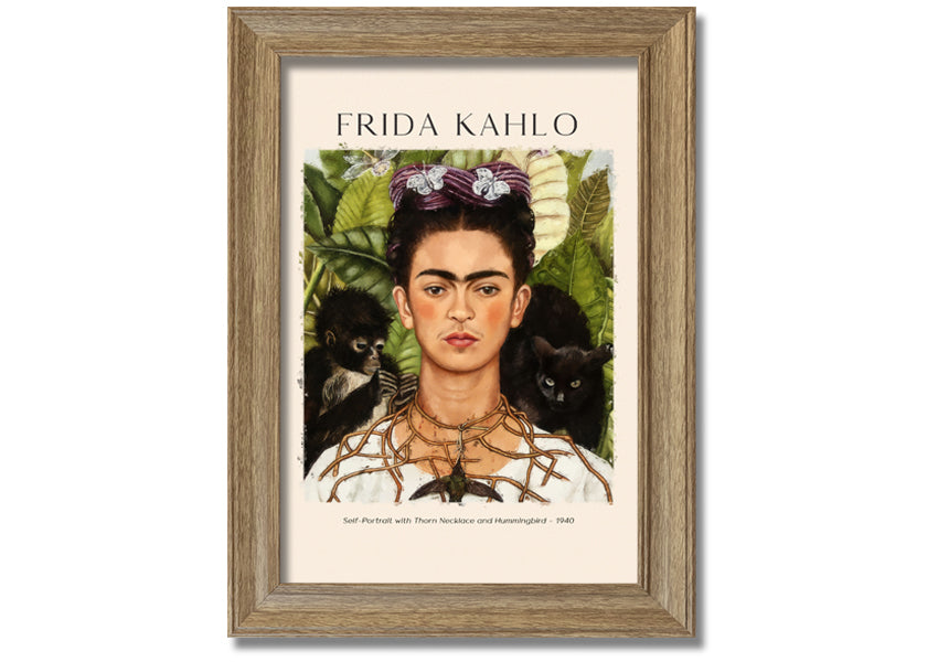 Frida Kahlo's Self-Portrait with Thorn Necklace and Hummingbird, vibrant canvas art mounted on a box frame.
