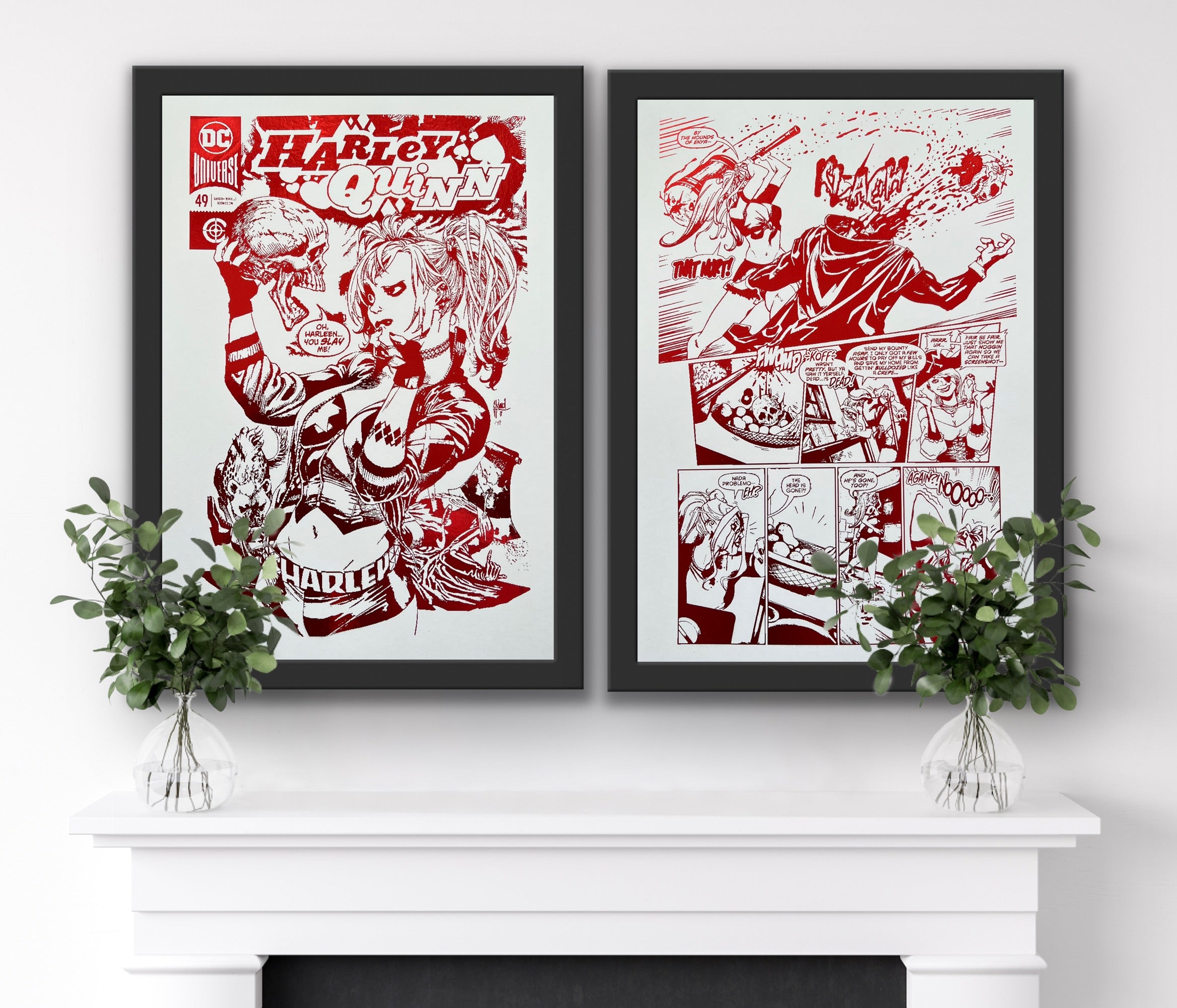 Set of 2 Harley Quinn foil prints featuring vibrant red accents, showcasing a comic cover and an action-packed comic strip.