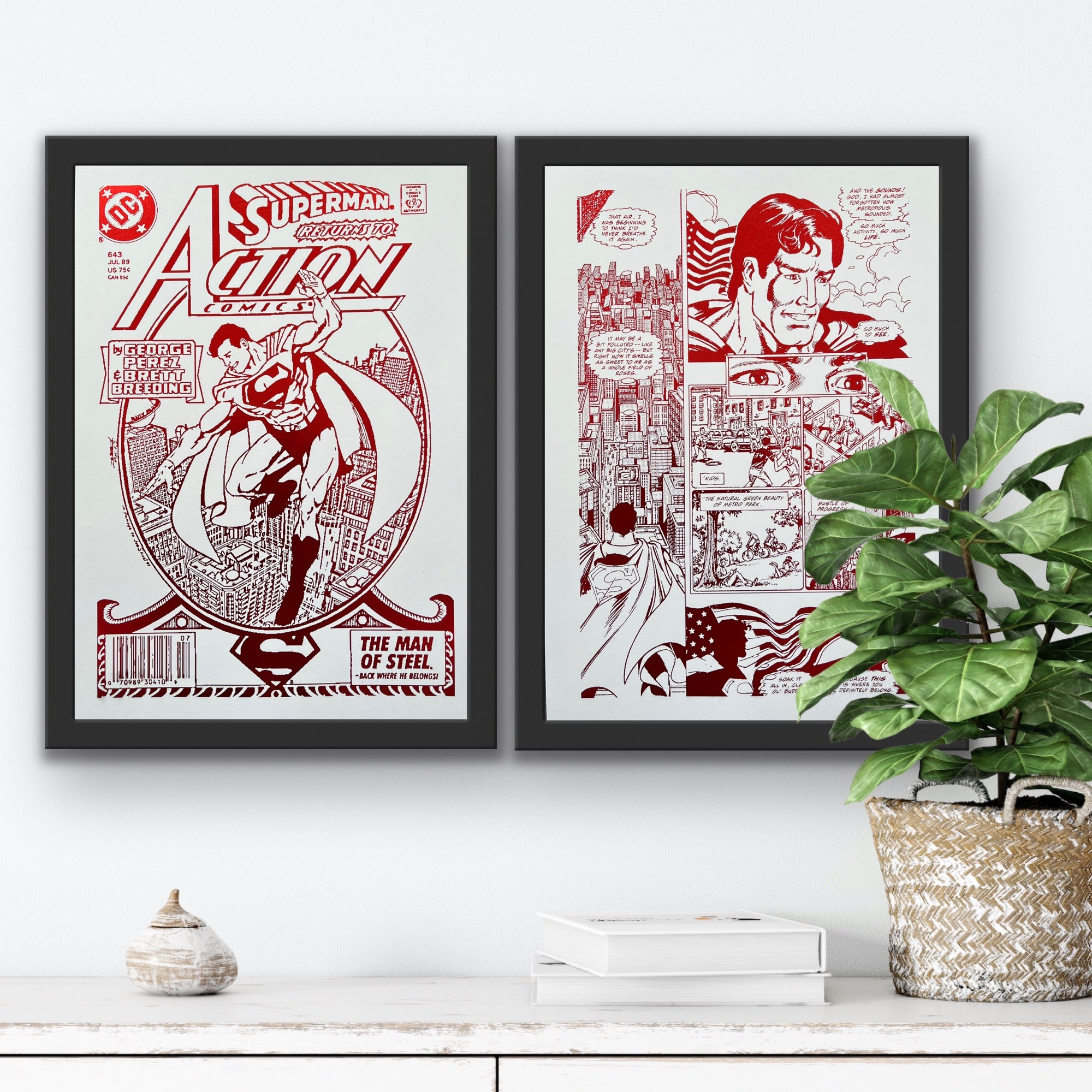 Set of 2 Superman comic foil prints featuring a comic cover and comic strip with vibrant red foil accents, showcasing iconic superhero artwork.