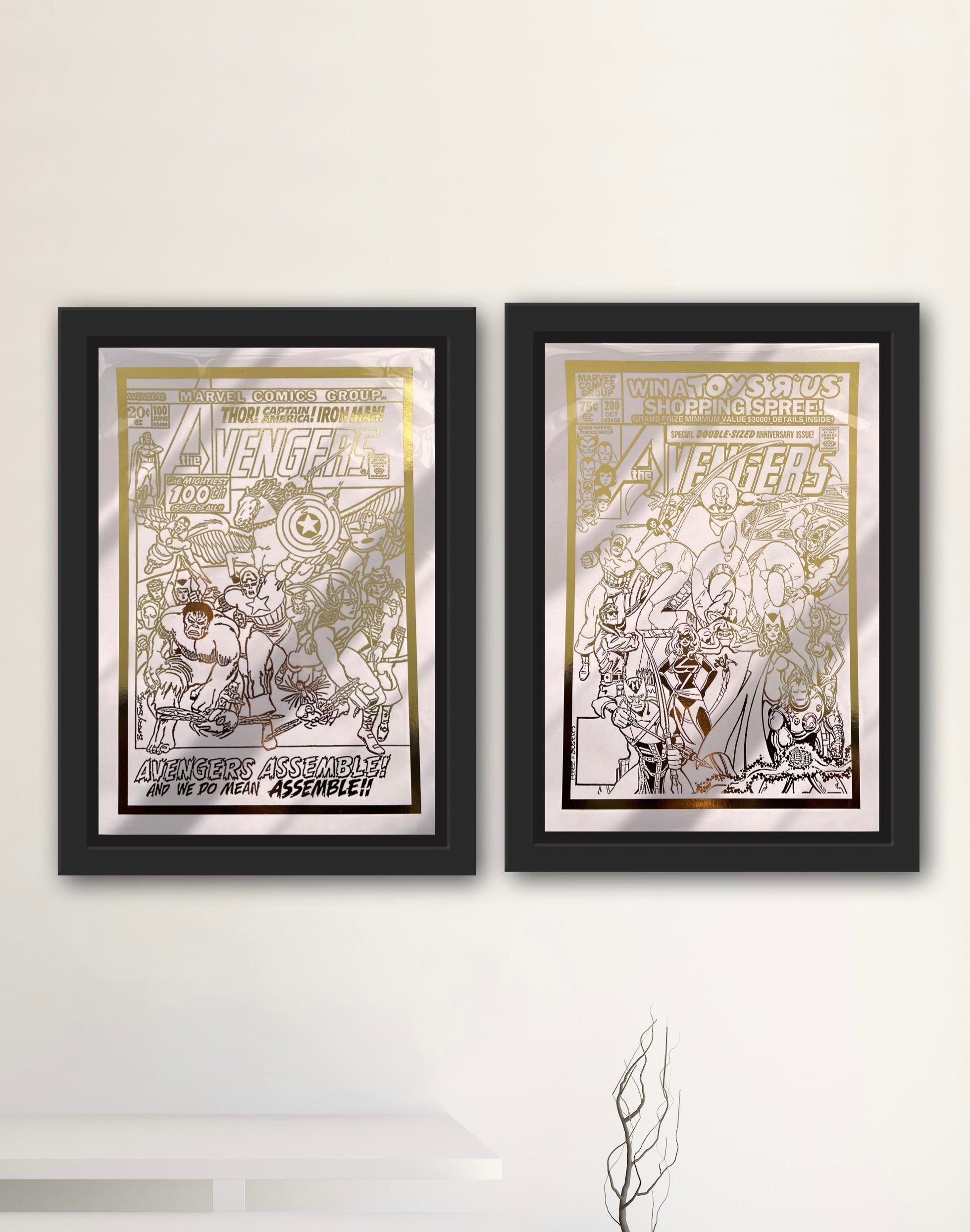 Set of 2 vintage The Avengers comic cover foil prints featuring iconic characters like Iron Man, Thor, Captain America, and The Hulk.