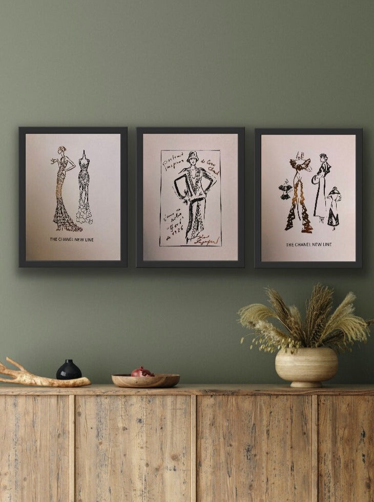 Set of 3 Chanel fashion sketch prints with rose gold foil on a white background, showcasing elegant designs.