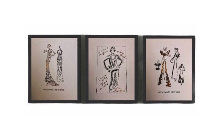 Set of 3 Chanel fashion sketch prints with rose gold foil on a white background, showcasing elegant designs.