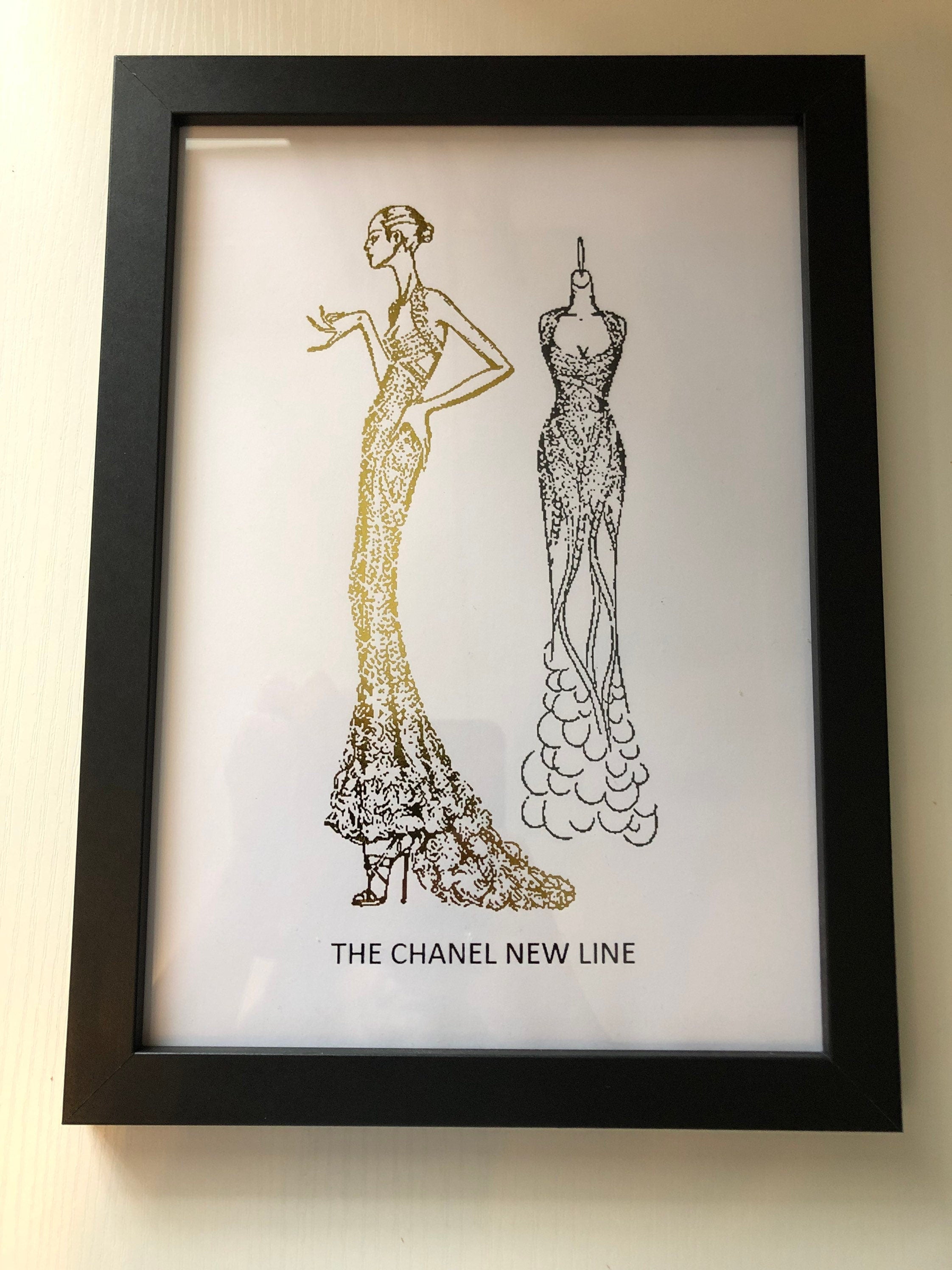 Set of 3 Chanel fashion sketch prints with rose gold foil on a white background, showcasing elegant designs.