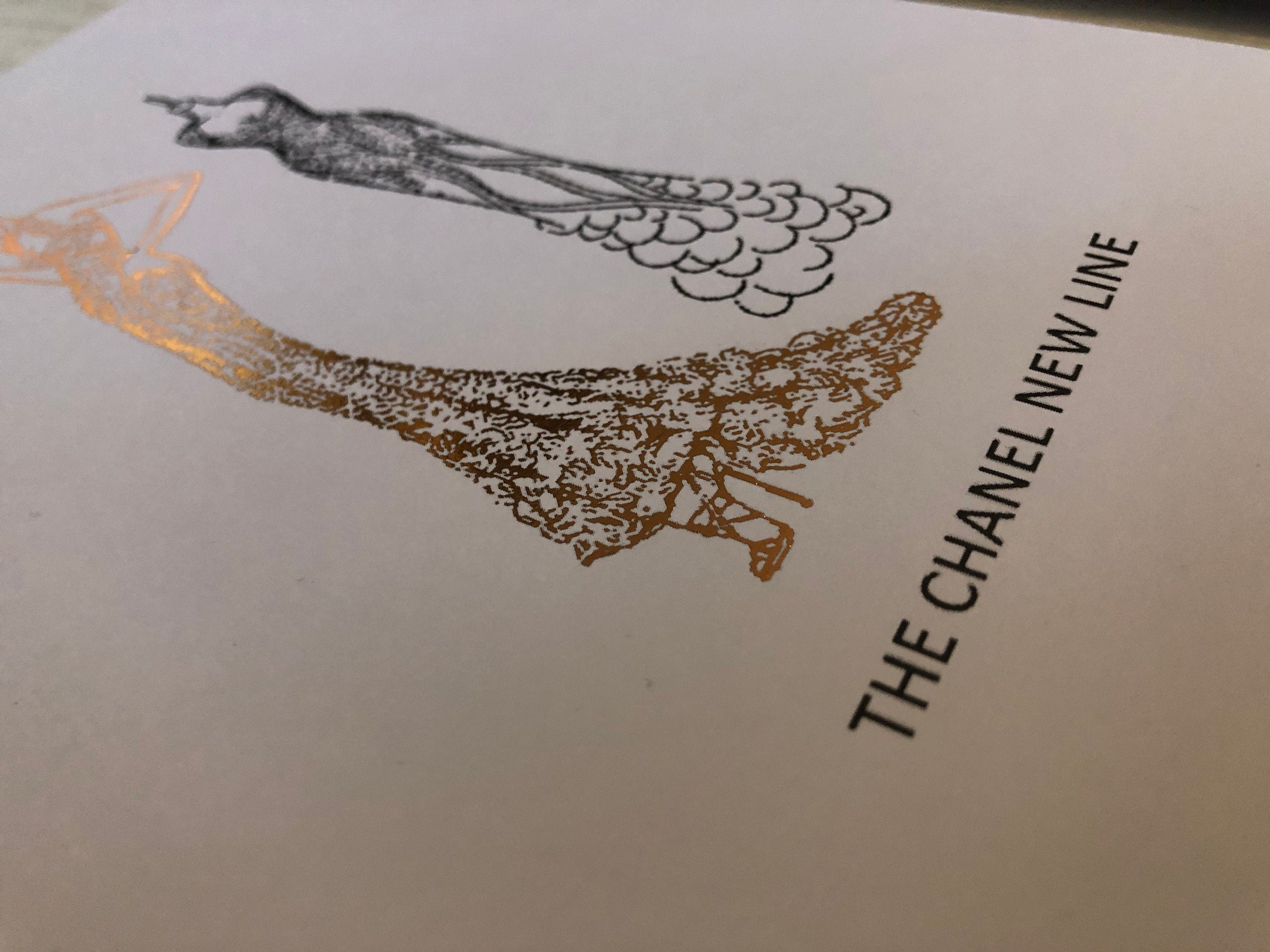 Set of 3 Chanel fashion sketch prints with rose gold foil on a white background, showcasing elegant designs.