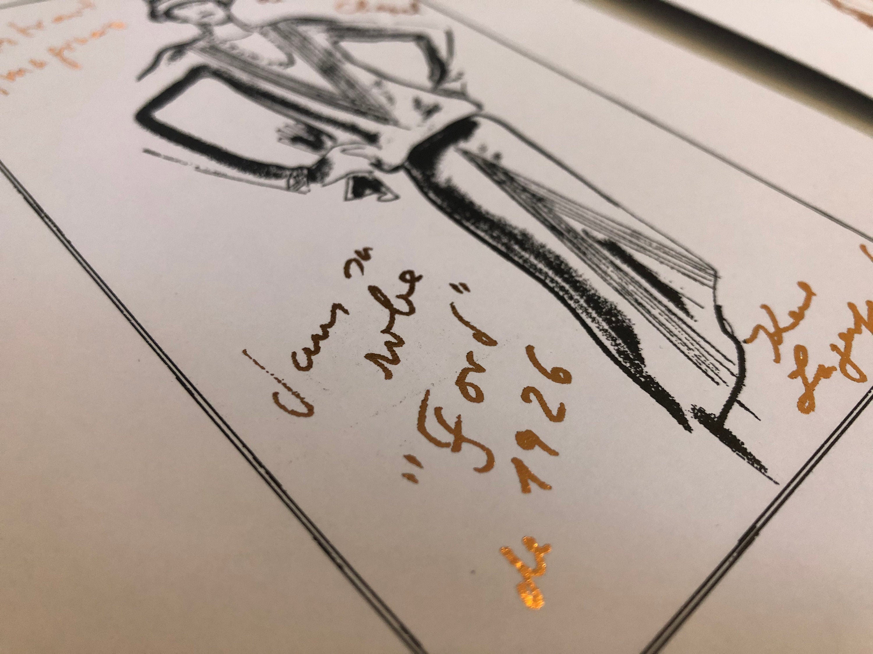 Set of 3 Chanel fashion sketch prints with rose gold foil on a white background, showcasing elegant designs.