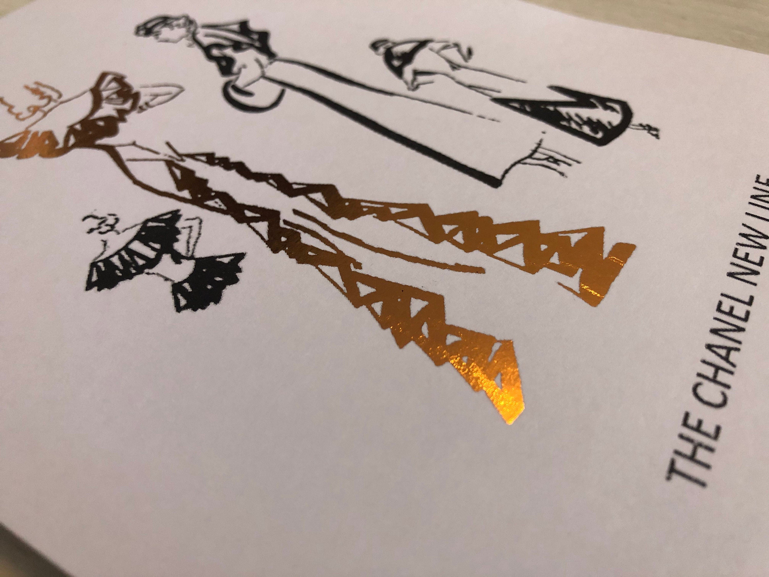 Set of 3 Chanel fashion sketch prints with rose gold foil on a white background, showcasing elegant designs.