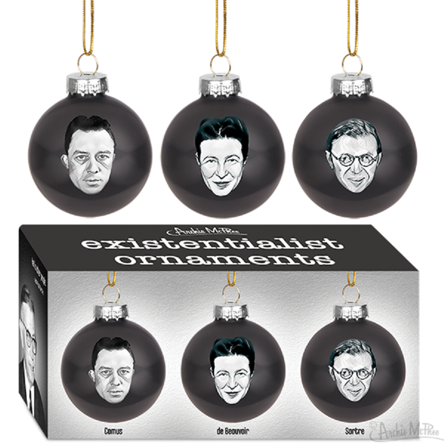 Set of 3 black glass mini ornaments featuring Albert Camus, Simone de Beauvoir, and Jean-Paul Sartre, perfect for holiday decor.