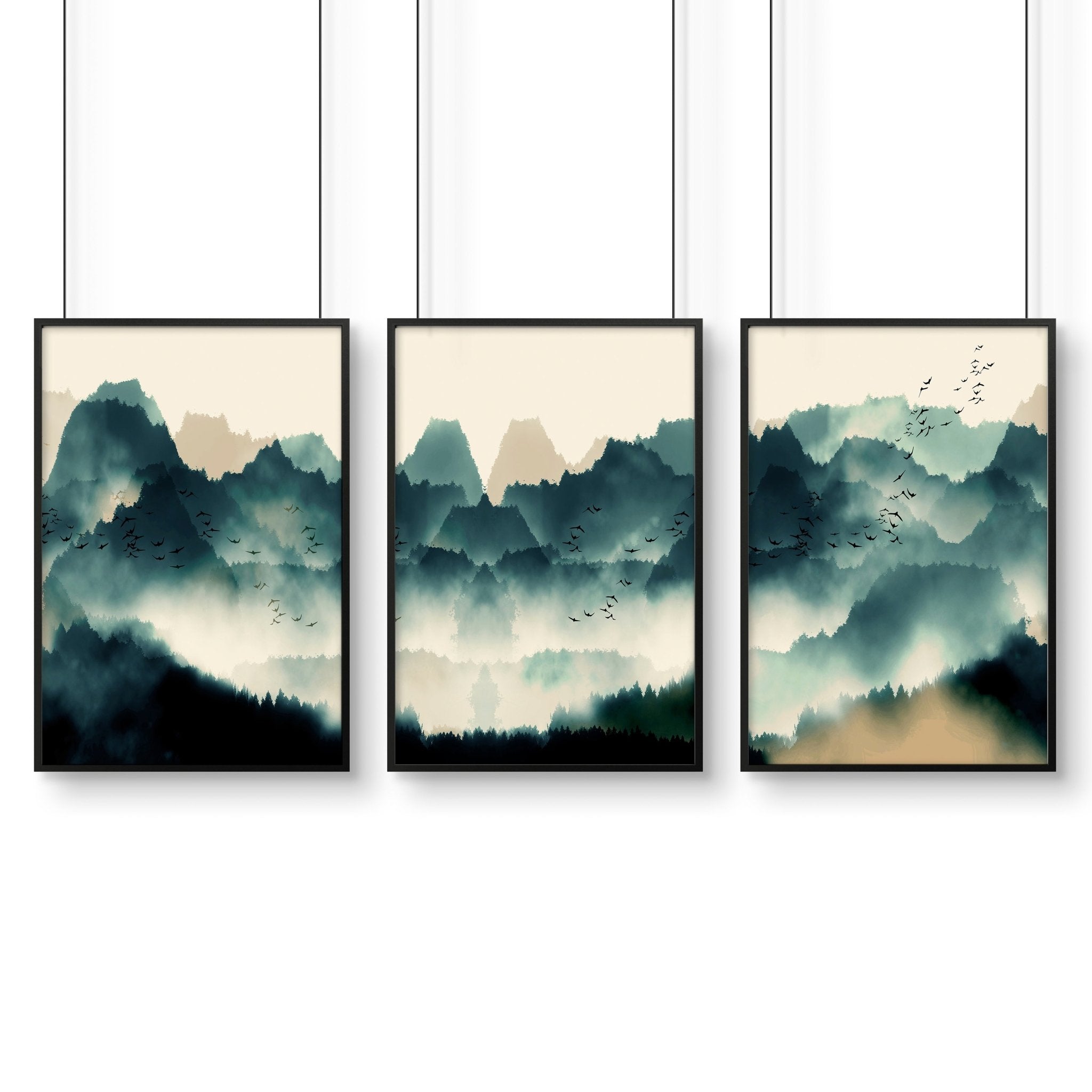 A set of 3 framed Scandinavian wall art prints featuring serene teal and beige landscapes, elegantly displayed in black or white frames.