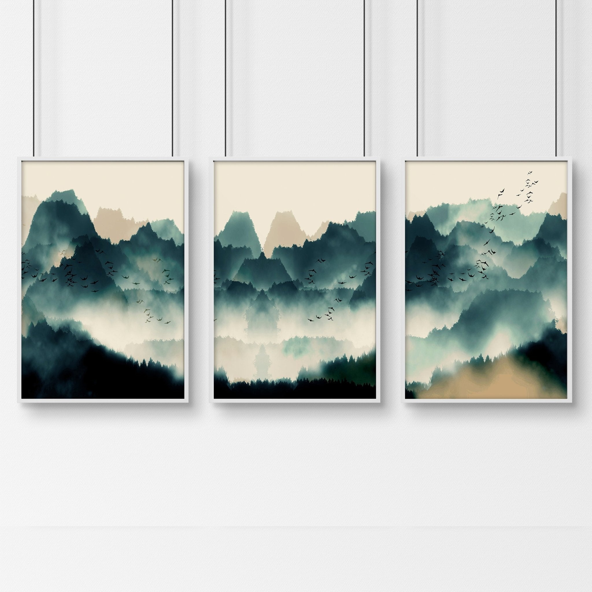 A set of 3 framed Scandinavian wall art prints featuring serene teal and beige landscapes, elegantly displayed in black or white frames.
