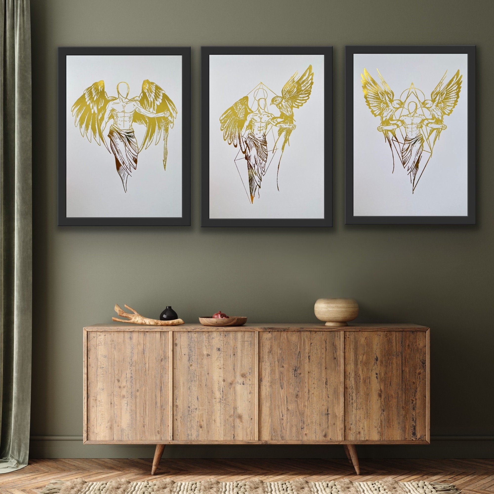 Set of 3 male angel foil prints showcasing unique designs with a shimmering effect.