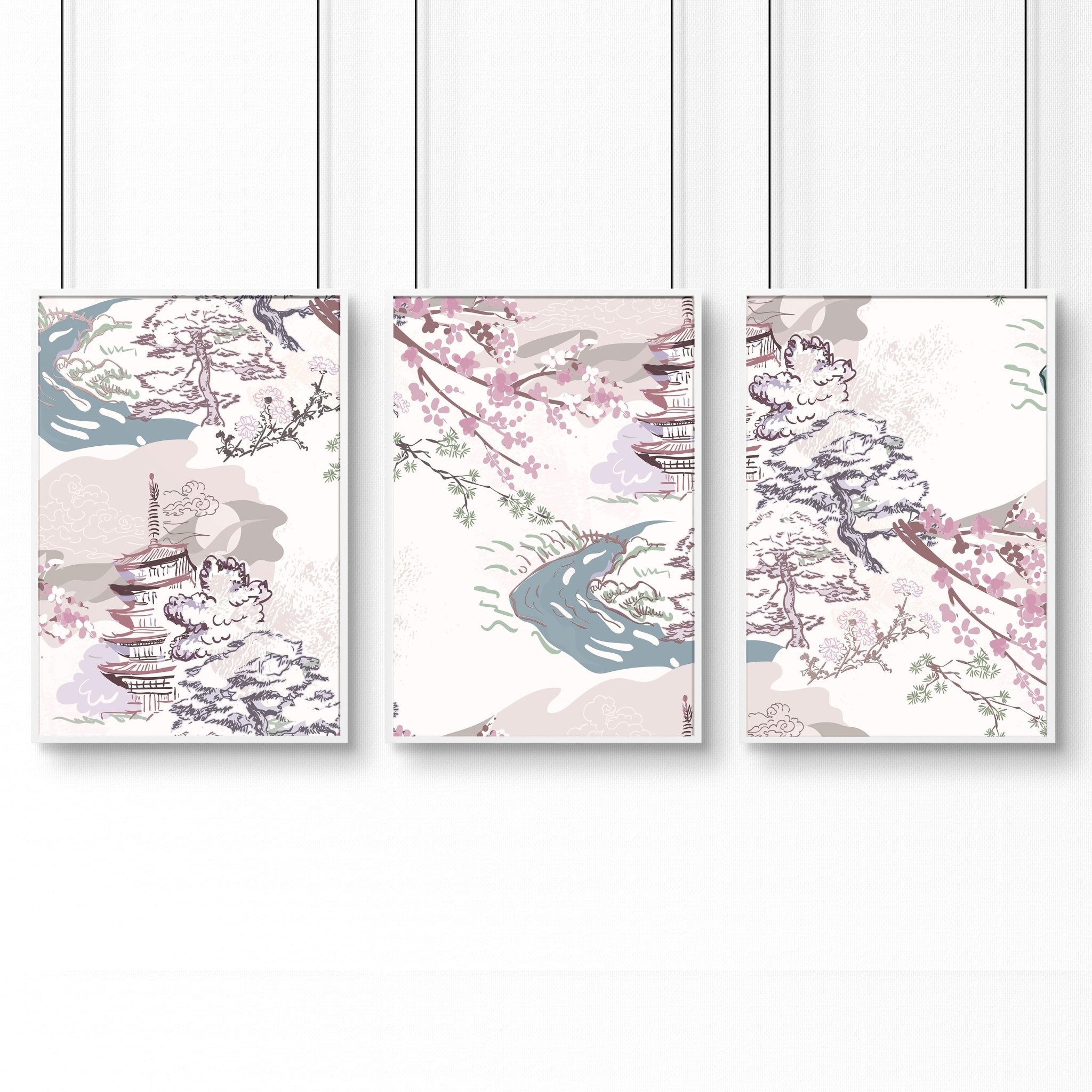 Set of 3 Chinoiserie wall art prints featuring calming lavender, ivory, and light blue tones, perfect for enhancing living room decor.