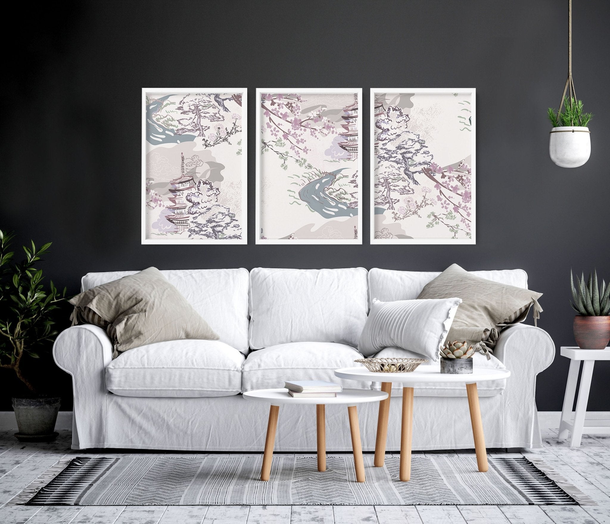 Set of 3 Chinoiserie wall art prints featuring calming lavender, ivory, and light blue tones, perfect for enhancing living room decor.