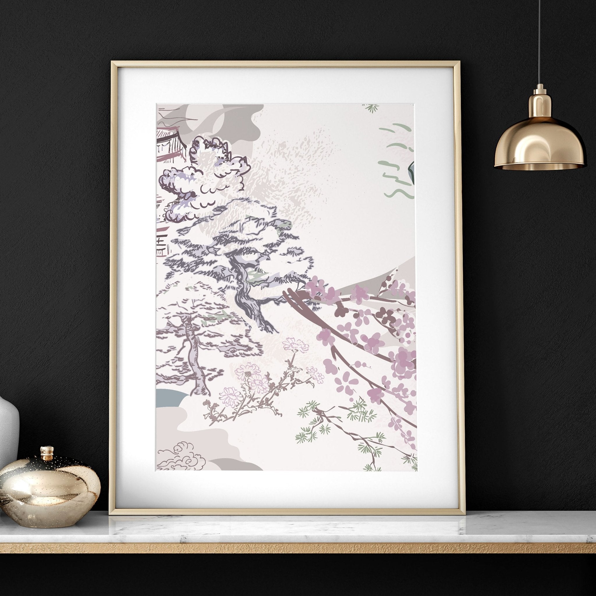 Set of 3 Chinoiserie wall art prints featuring calming lavender, ivory, and light blue tones, perfect for enhancing living room decor.