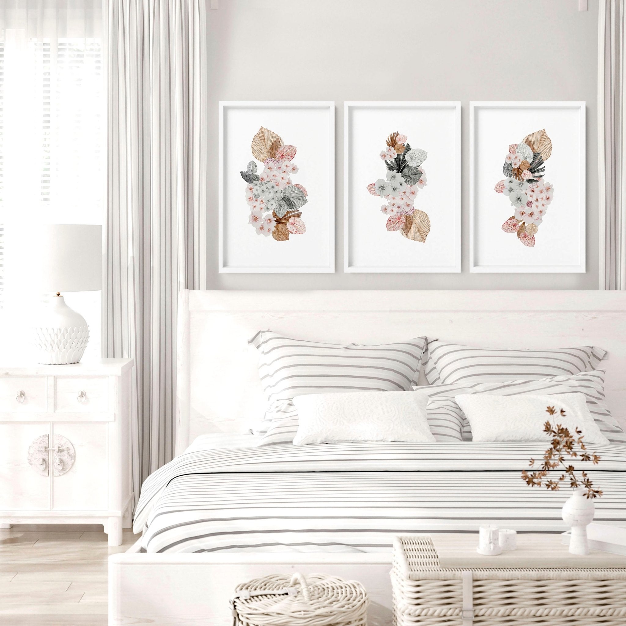 Set of 3 shabby chic wall art prints featuring delicate floral bouquets in soft blush pink and grey tones, perfect for bedroom decor.