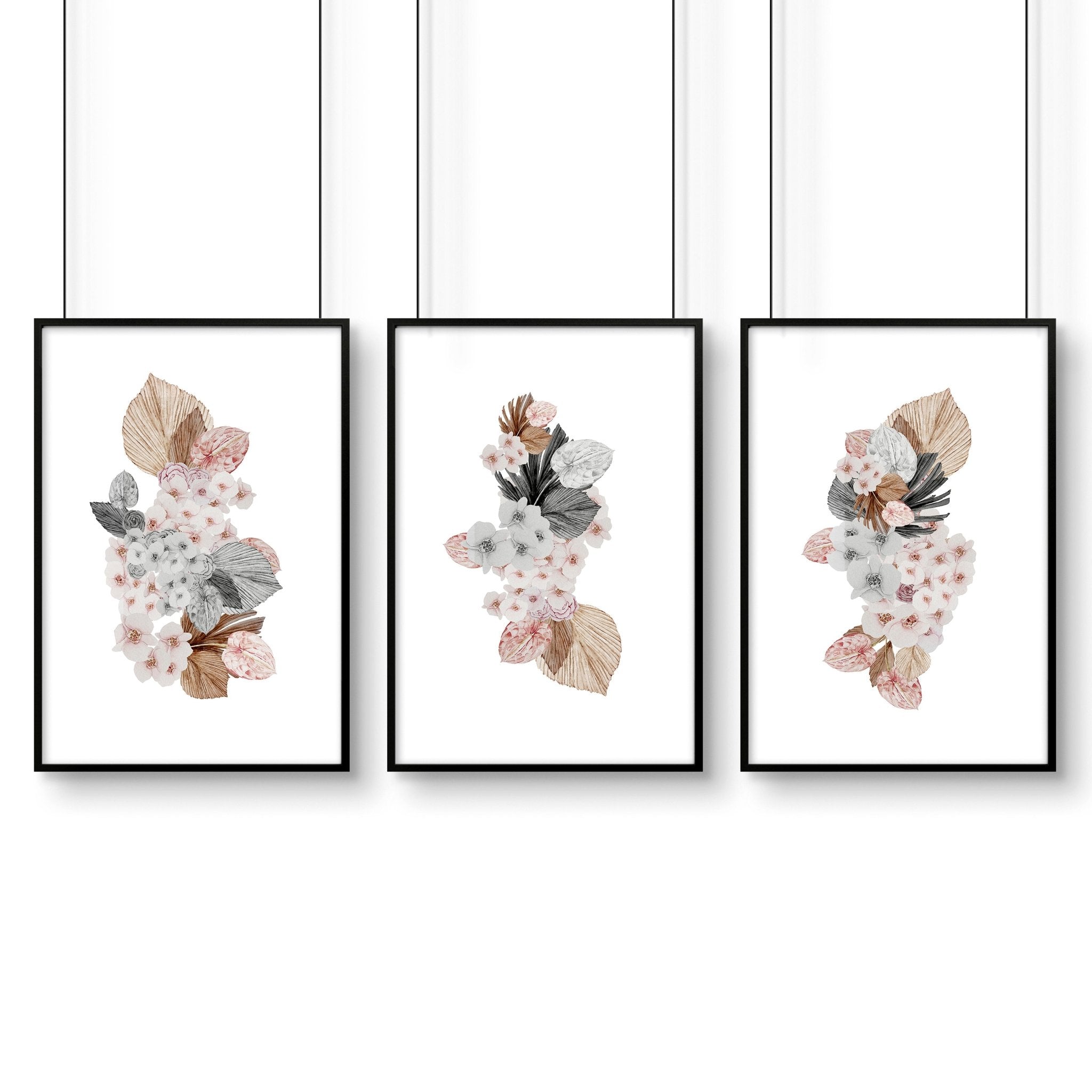 Set of 3 shabby chic wall art prints featuring delicate floral bouquets in soft blush pink and grey tones, perfect for bedroom decor.