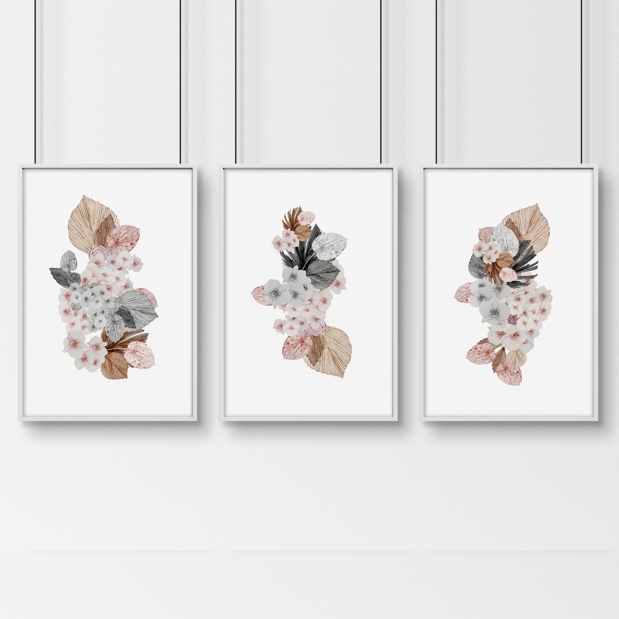 Set of 3 shabby chic wall art prints featuring delicate floral bouquets in soft blush pink and grey tones, perfect for bedroom decor.