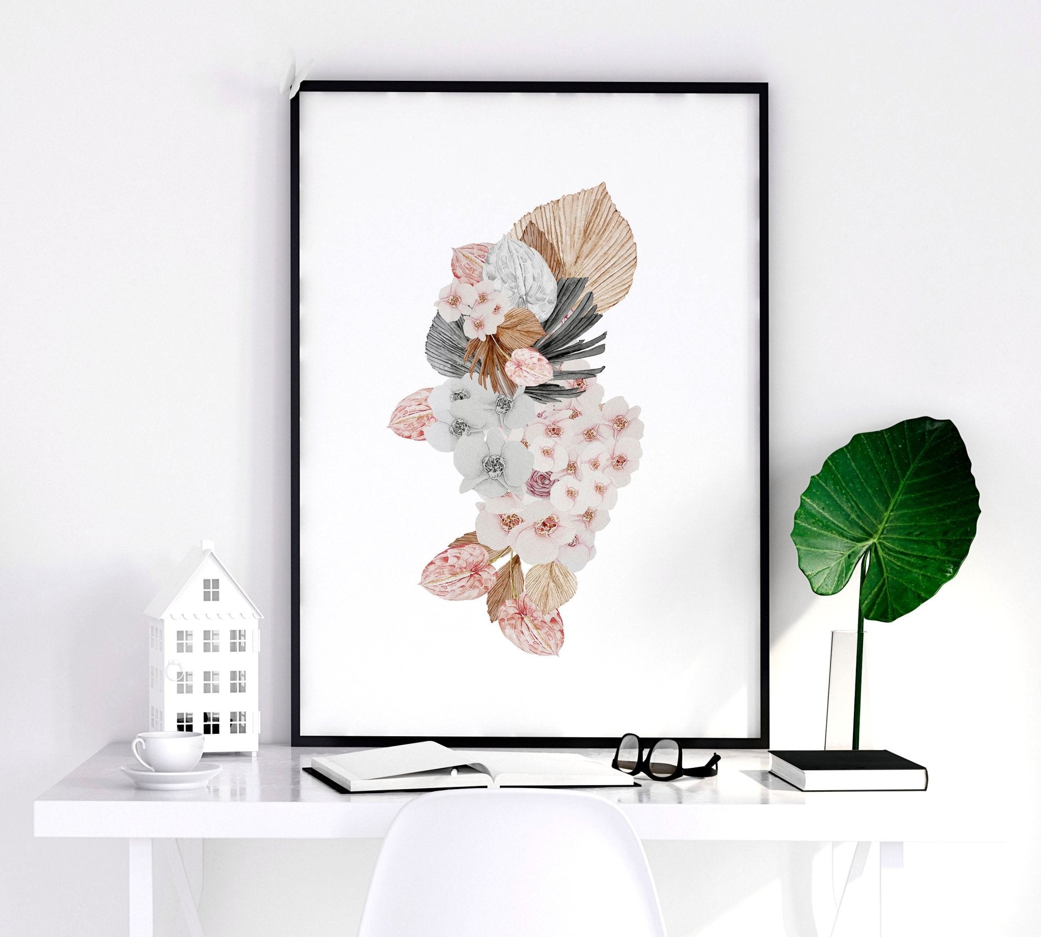 Set of 3 shabby chic wall art prints featuring delicate floral bouquets in soft blush pink and grey tones, perfect for bedroom decor.